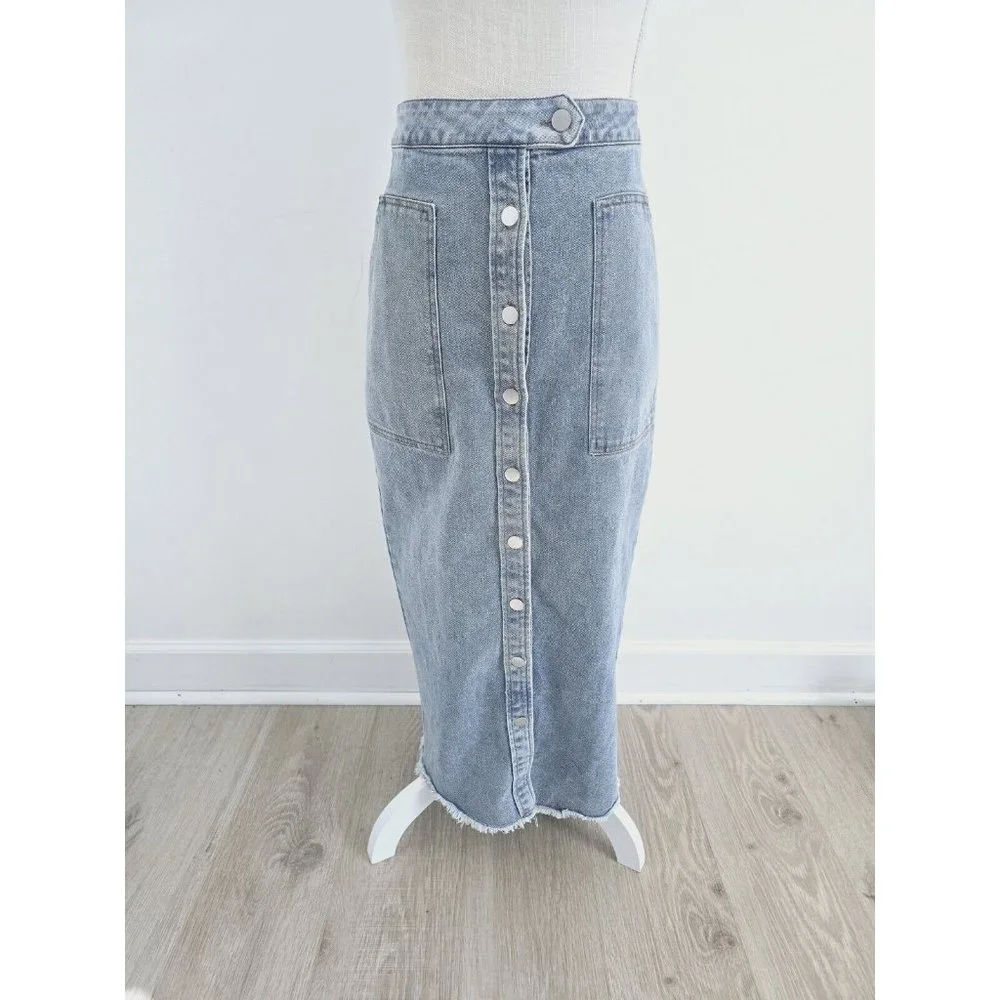 Miss Lola Light Wash Button Open Frony High Rise Waist Maxi Denim Jean Skirt S